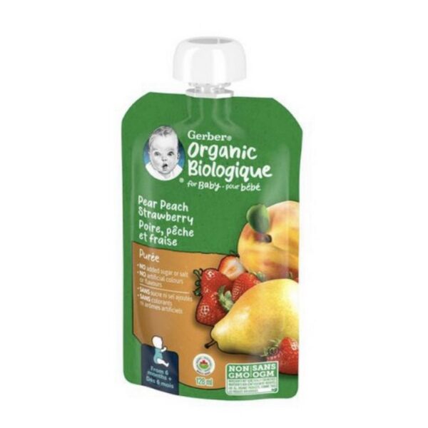 GERBER Organic Purée, Pear Peach Strawberry, Baby Food - 128ml